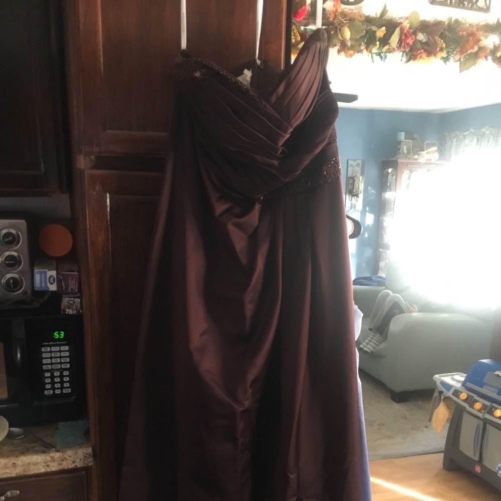 Chocolate formal gown with ruching & beadwork